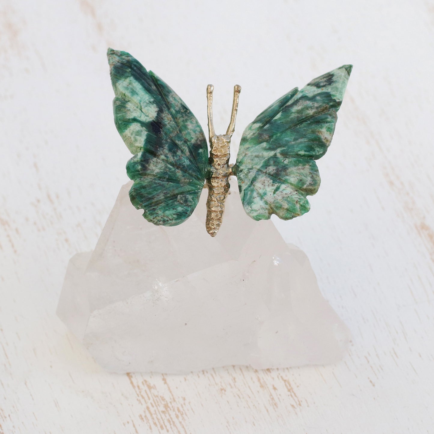 Gentle Repose Serpentinite Butterfly Figurine on Quartz Mountain Peak Base