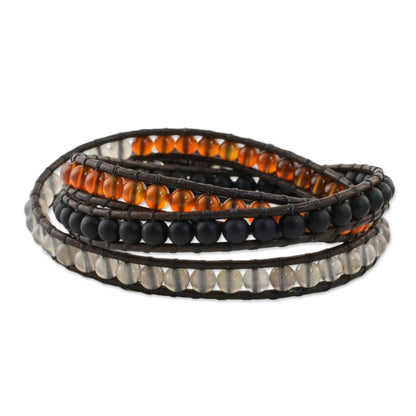 Sunset Wanderlust Unisex Leather and Multi-Gemstone Beaded Wrap Bracelet