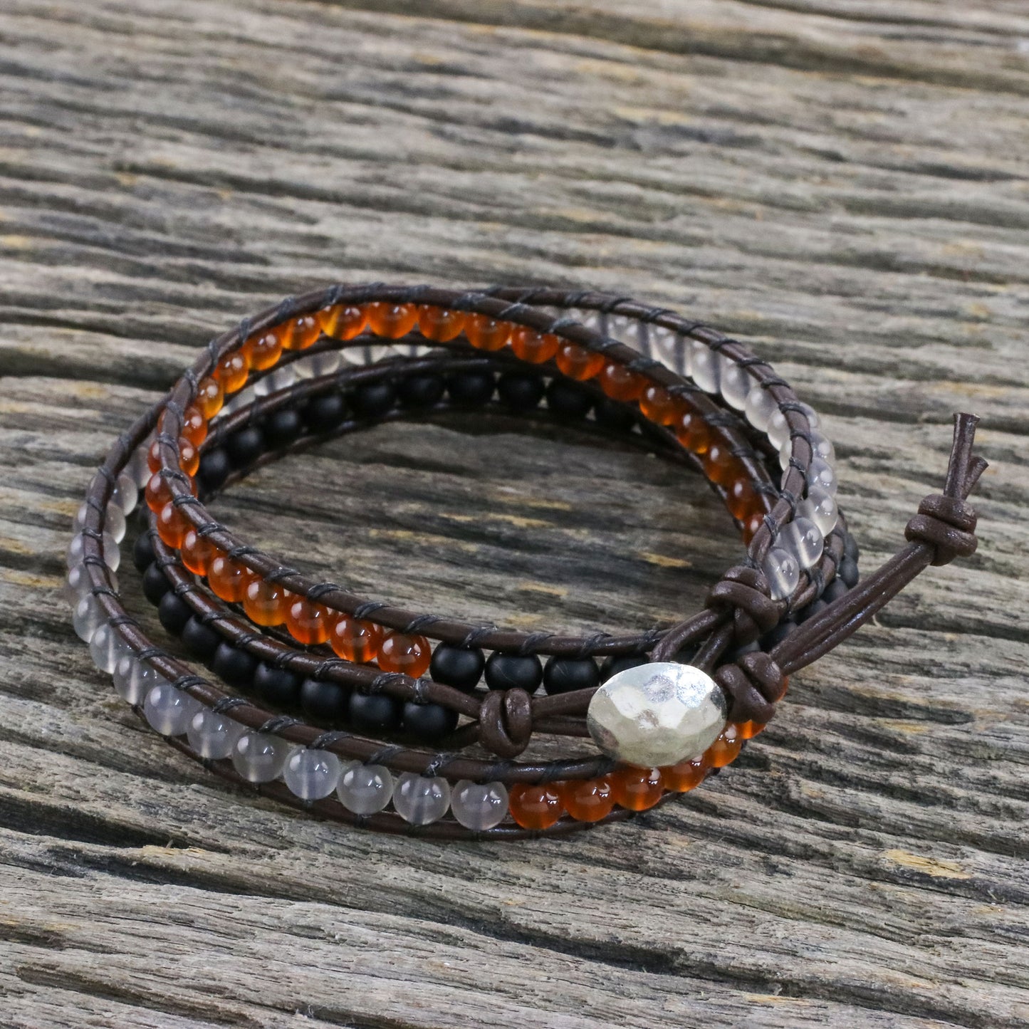 Sunset Wanderlust Unisex Leather and Multi-Gemstone Beaded Wrap Bracelet