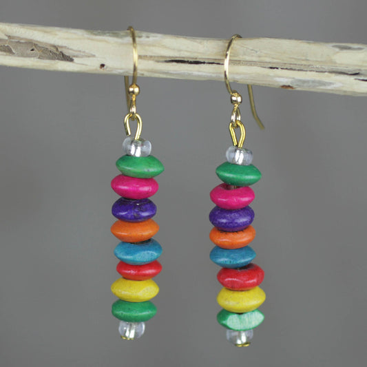 Stacked Color Multi-Color Wood Disc Beaded Dangle Earrings from Ghana