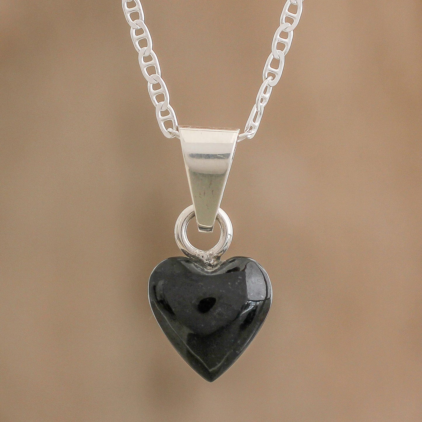 Black Symbol of Love Black Jade and Sterling Silver Heart Pendant Necklace