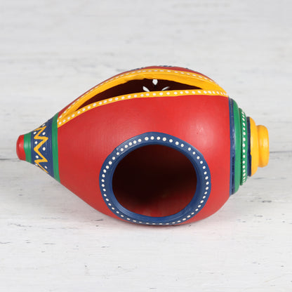 Seashore Delight in Red Conch-Shaped Ceramic Tealight Holder from India