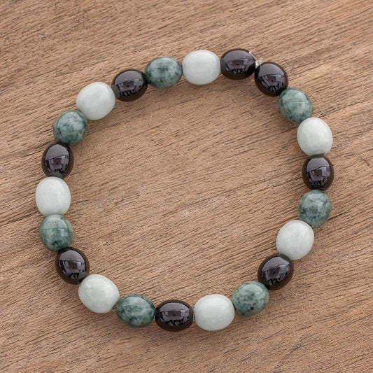 Light and Shade Black Green and Pale Natural Jade Beaded Stretch Bracelet