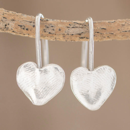 Fingerprint Hearts Heart-Shaped Fine Silver Drop Earrings from Guatemala