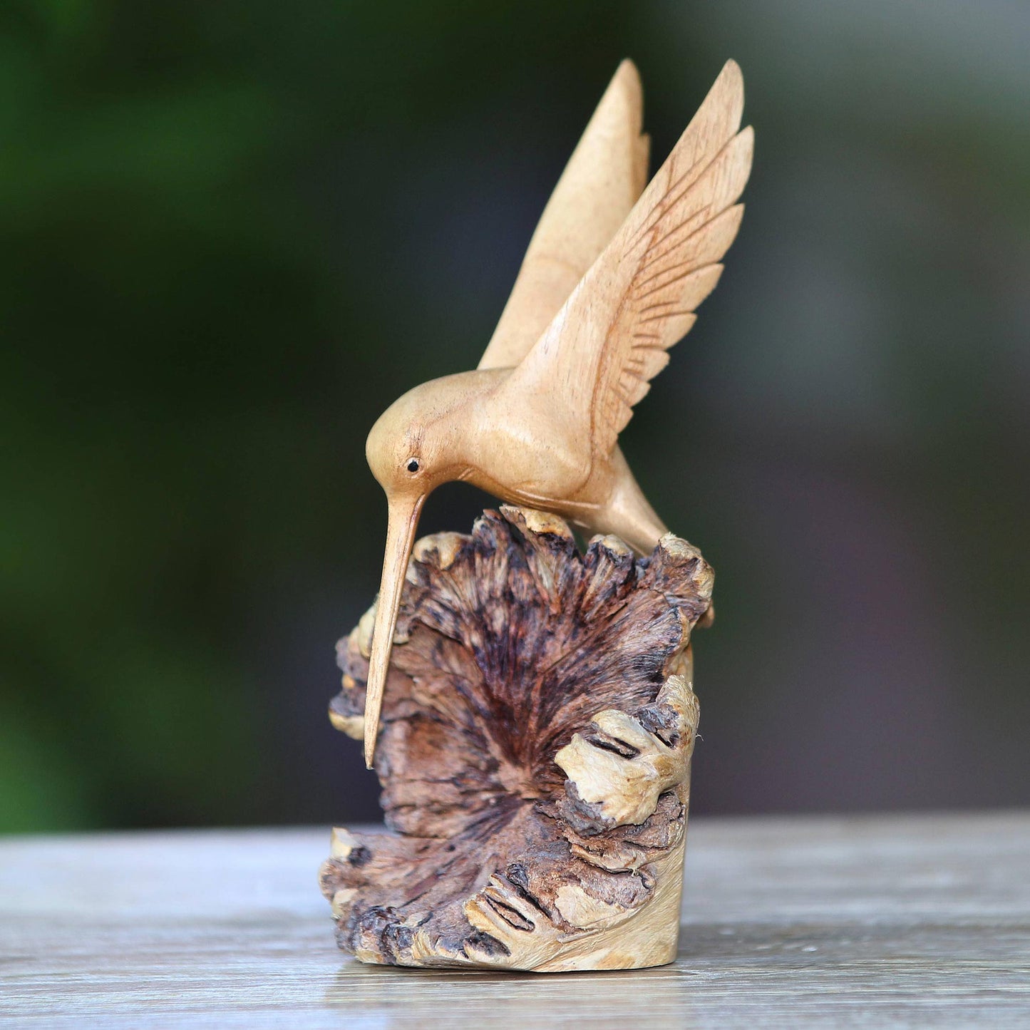 Hummingbird Joy Hand-Carved Jempinis Wood Flying Hummingbird Sculpture