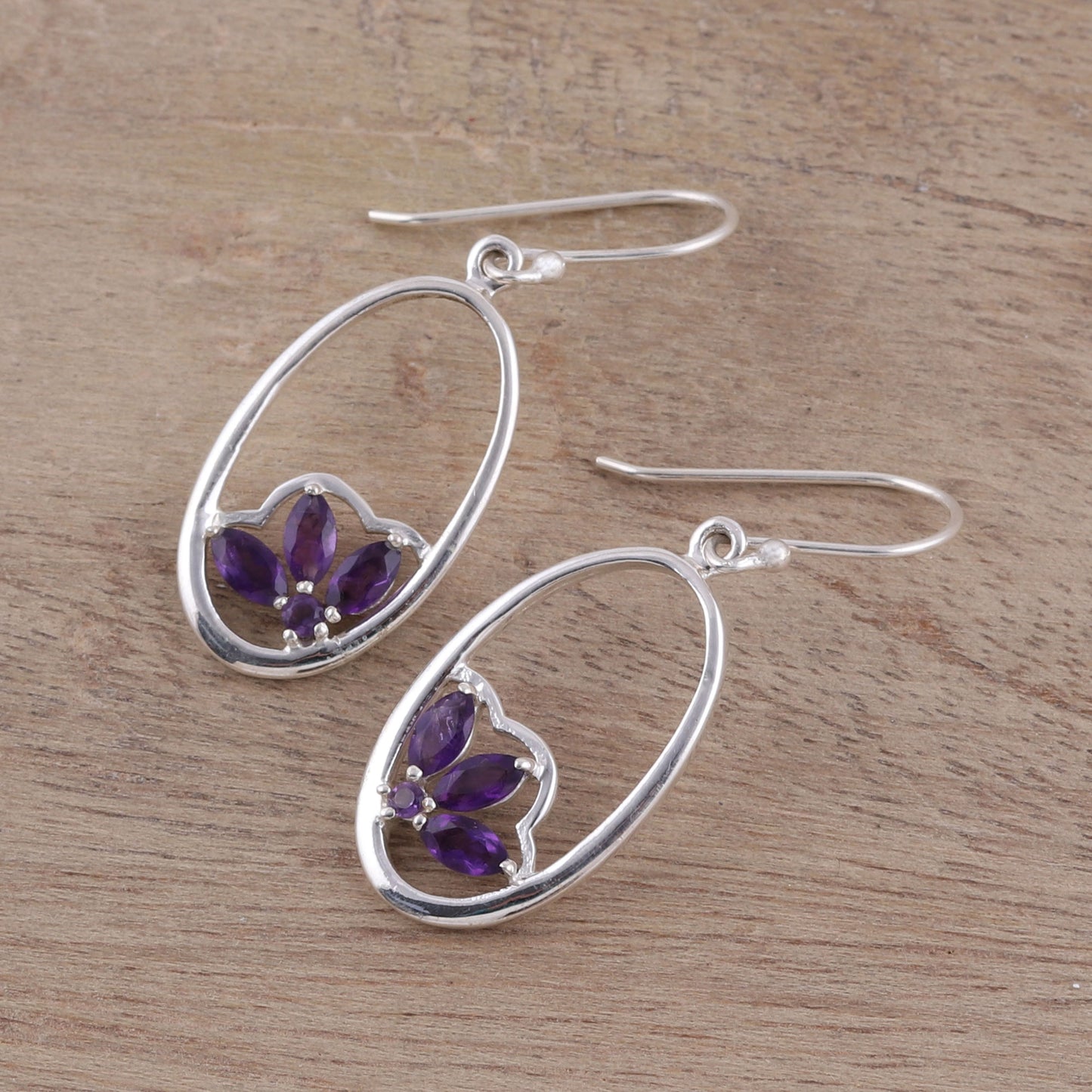 Petite Violet Handcrafted Amethyst Sterling Silver Oval Dangle Earrings