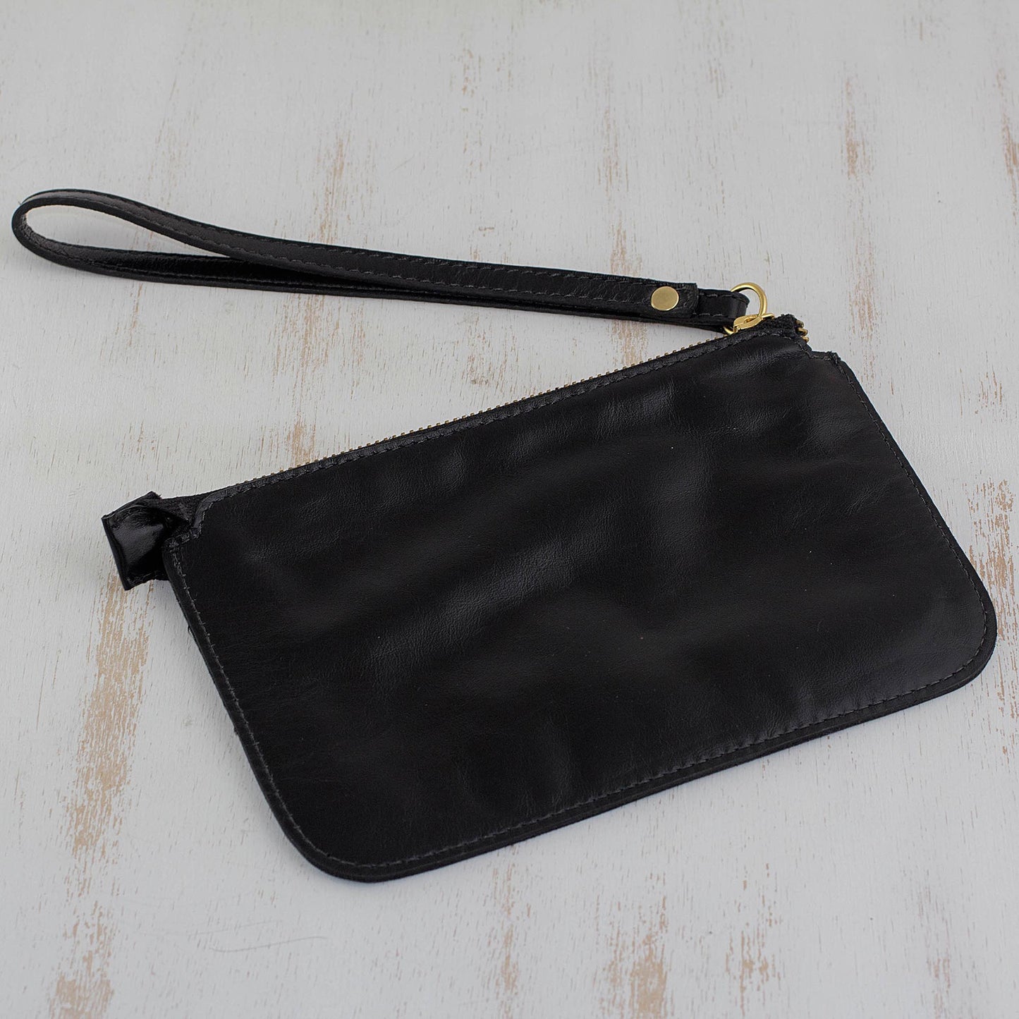 Trendy Fashion in Black Handmade Black Leather Wristlet from Brazil