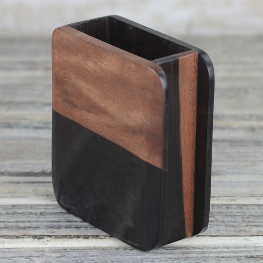 Modern Nature Hand Carved Ebony Wood Rounded Rectangle Pencil Holder
