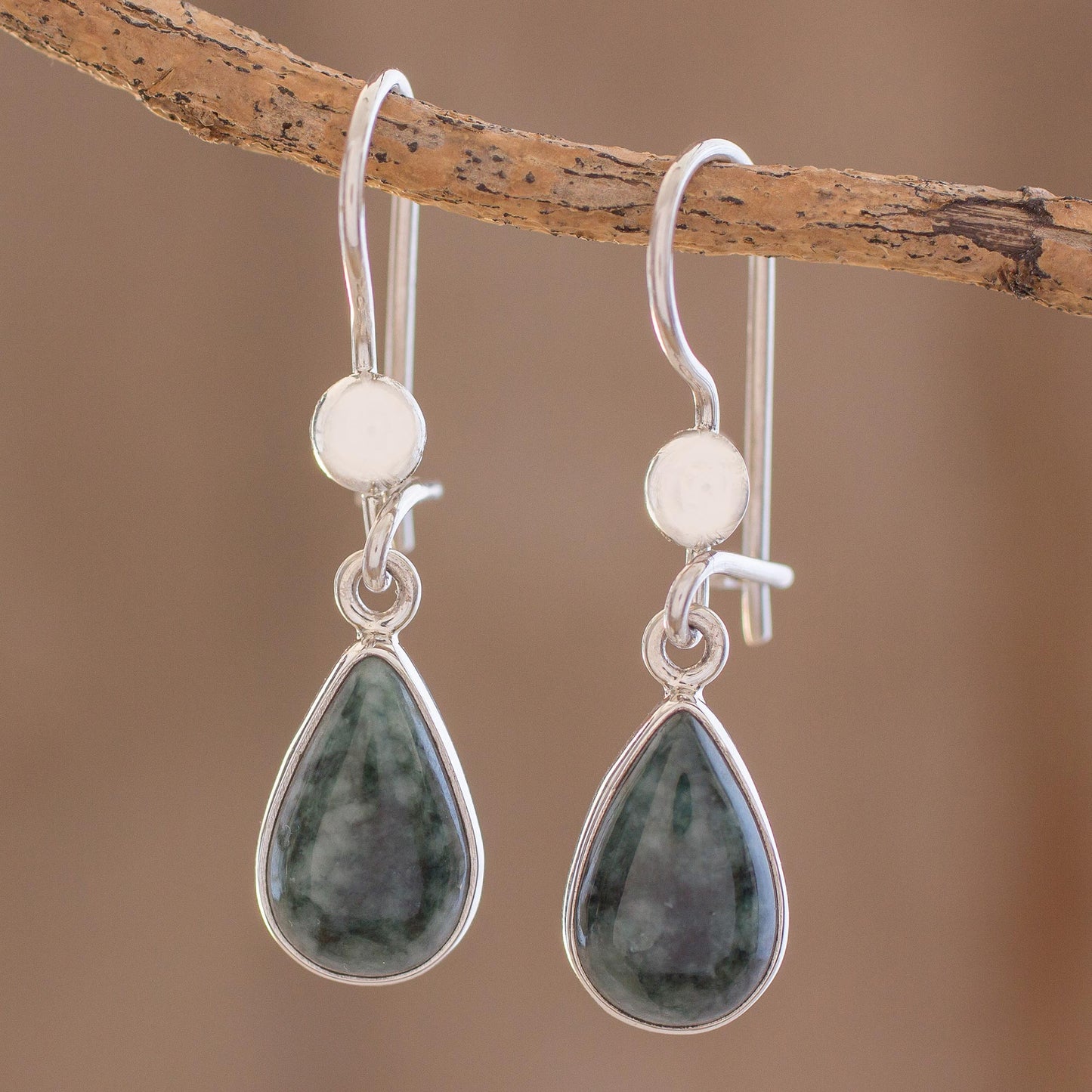 Dark Green Tears Jade & Silver Earrings