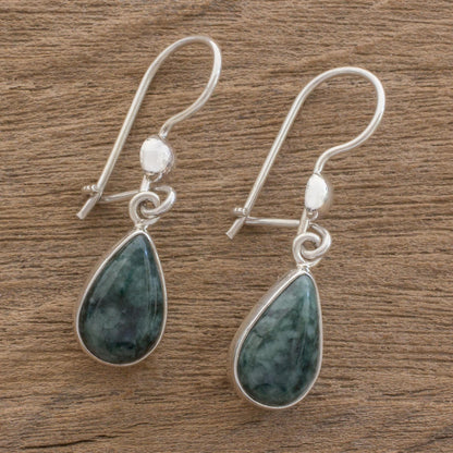 Dark Green Tears Jade & Silver Earrings