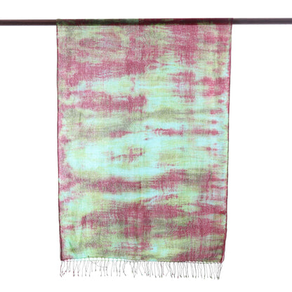 Cosmic Waves Red Green and Aqua Tie-Dyed Cotton Shawl with Fringe