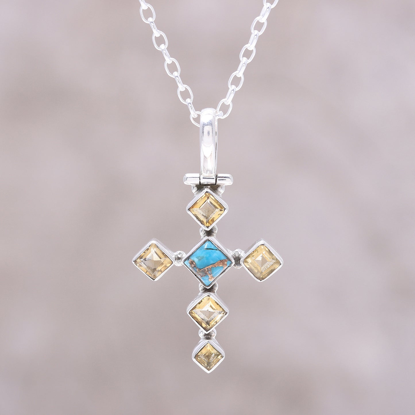 Sunny Cross Citrine and Composite Turquoise Cross Pendant Necklace