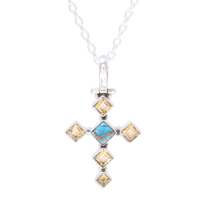 Sunny Cross Citrine and Composite Turquoise Cross Pendant Necklace