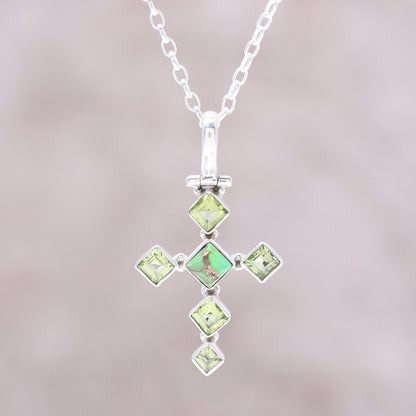 Verdant Cross Peridot and Composite Turquoise Cross Pendant Necklace