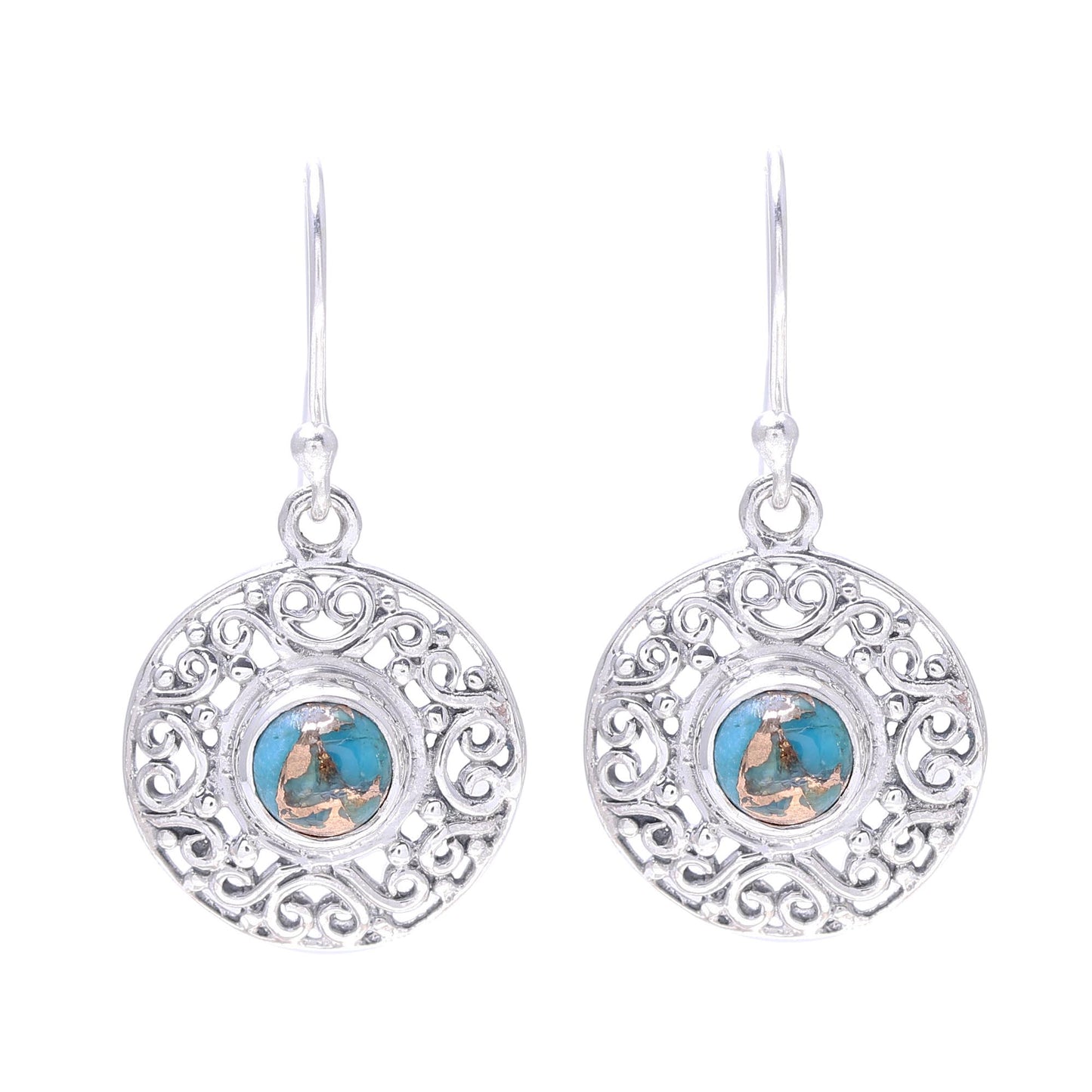 Elegant Sea Composite Turquoise Sterling Silver Round Dangle Earrings