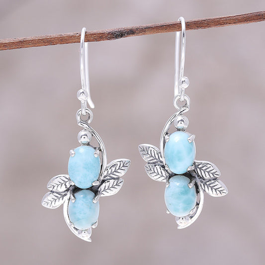 Sky Flower Duo Larimar Ovals and Sterling Silver Leaves Dangle Earrings