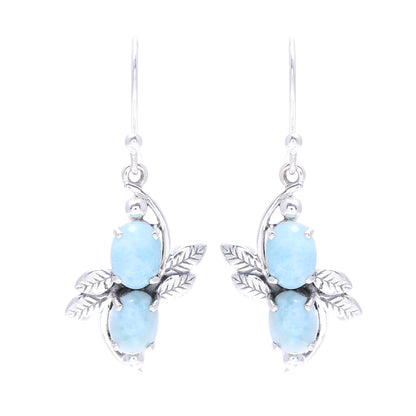 Sky Flower Duo Larimar Ovals and Sterling Silver Leaves Dangle Earrings