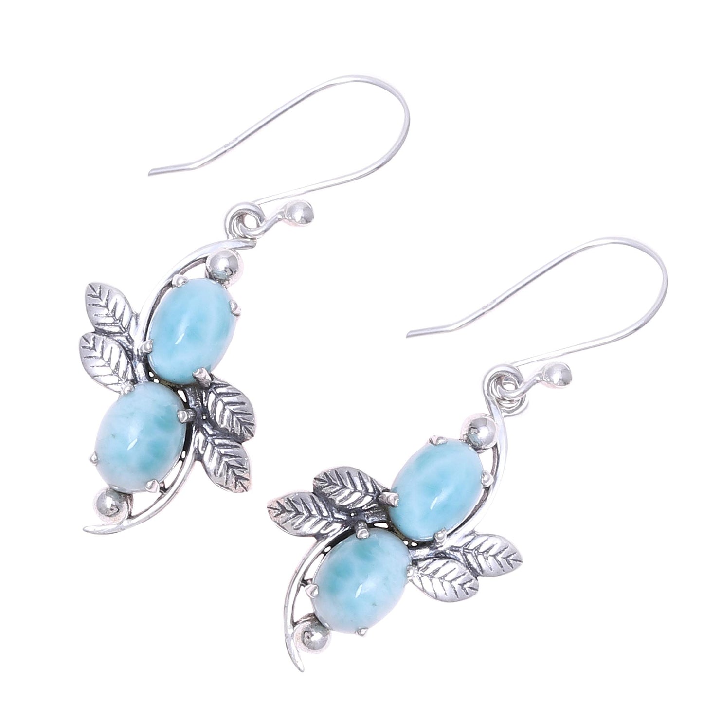 Sky Flower Duo Larimar Ovals and Sterling Silver Leaves Dangle Earrings