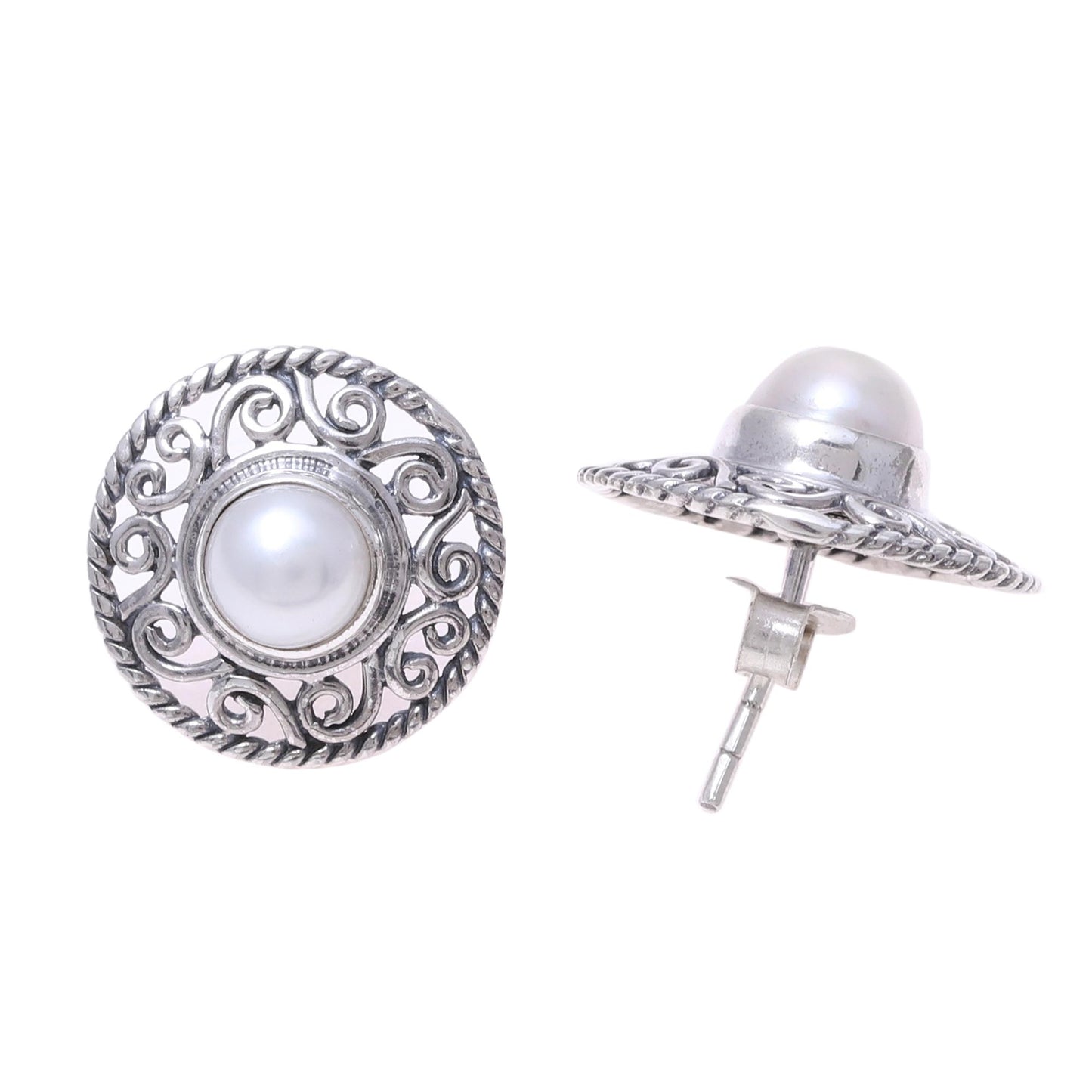 Crowned Moonlight Cultured Pearl Sterling Silver Scrollwork Button Earrings