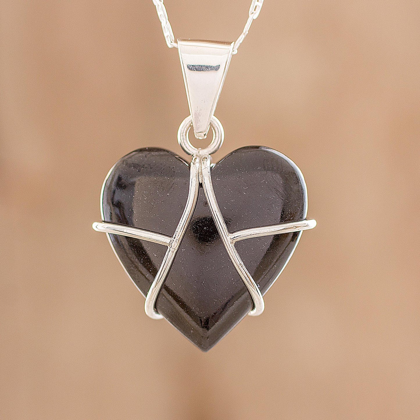 Inspiring Destiny Black Jade and Sterling Silver Heart Pendant Necklace