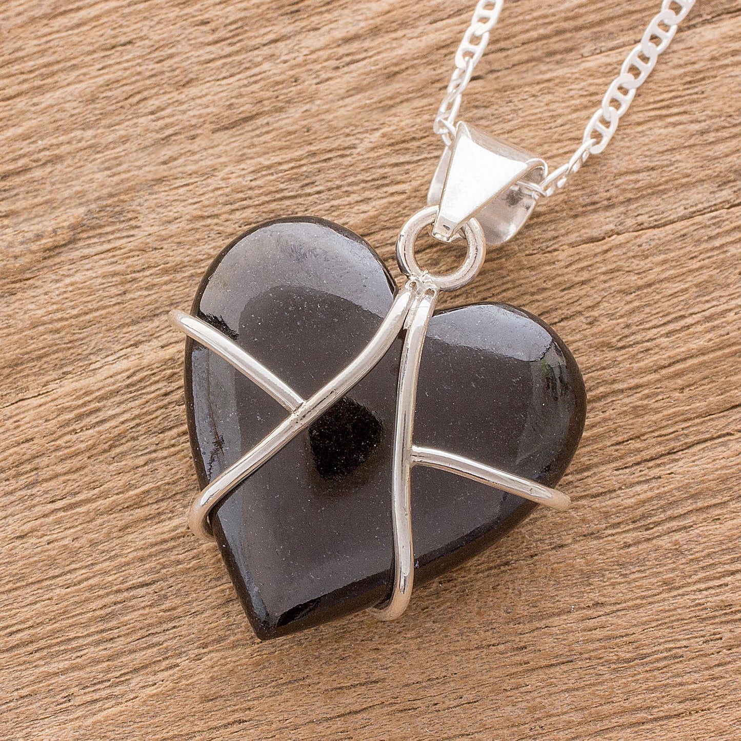 Inspiring Destiny Black Jade and Sterling Silver Heart Pendant Necklace