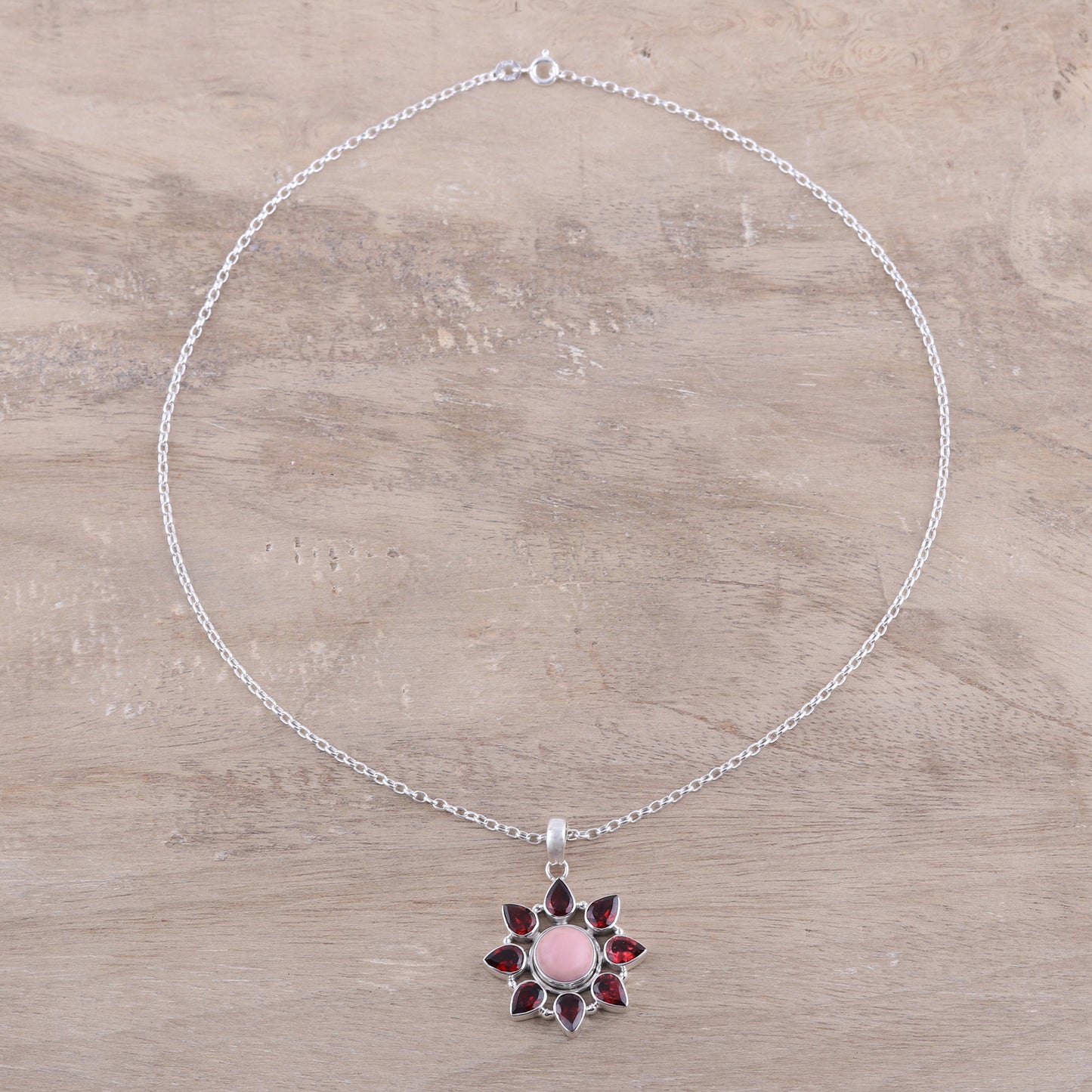 Glowing Flower Pink Opal and Garnet Sterling Silver Flower Necklace