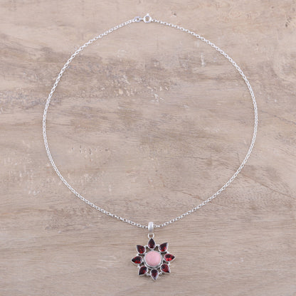 Glowing Flower Pink Opal and Garnet Sterling Silver Flower Necklace