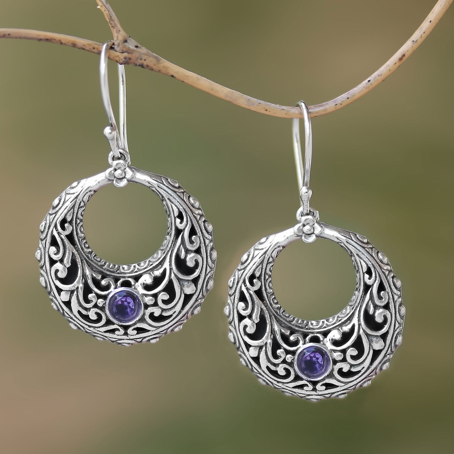 Violet Swirls Amethyst and Sterling Silver Dangle Earrings from Indonesia