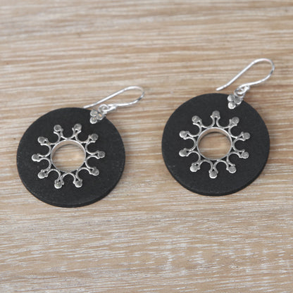 Dark Sun Sterling Silver Lava Stone Dark Sun Black Dangle Earrings