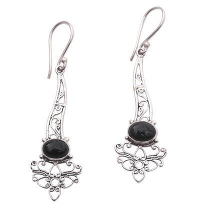 Midnight Garden Breeze Onyx Sterling Silver Floral Motif Scrollwork Dangle Earrings