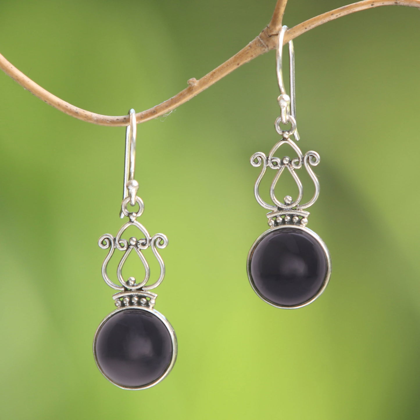 Raven Queen Handcrafted Onyx and Sterling Silver Dangle Earrings