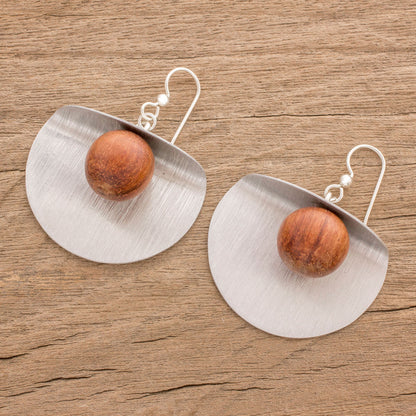 Caressing Moons Wood and Aluminum Modern Dangle Earrings from Guatemala