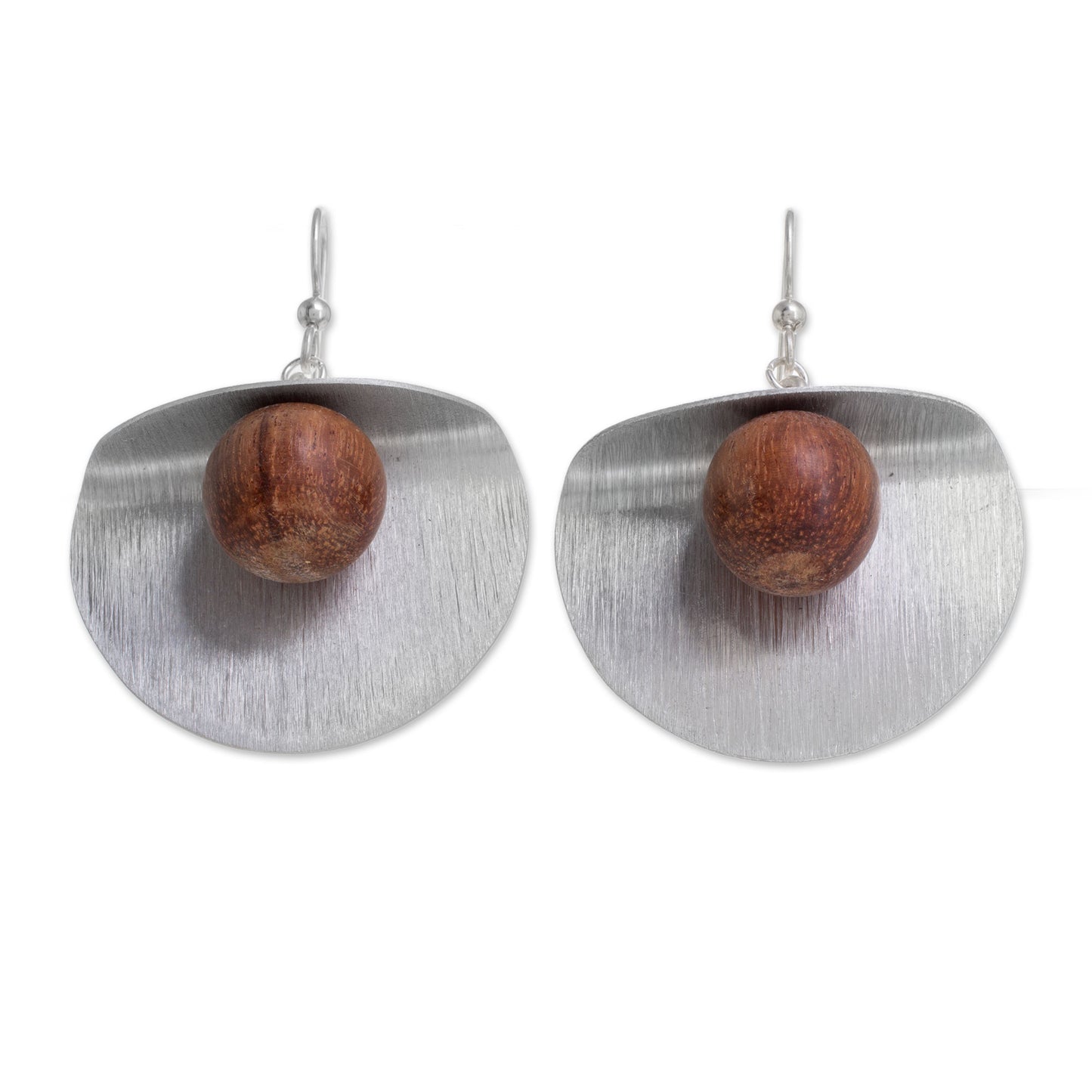 Caressing Moons Wood and Aluminum Modern Dangle Earrings from Guatemala