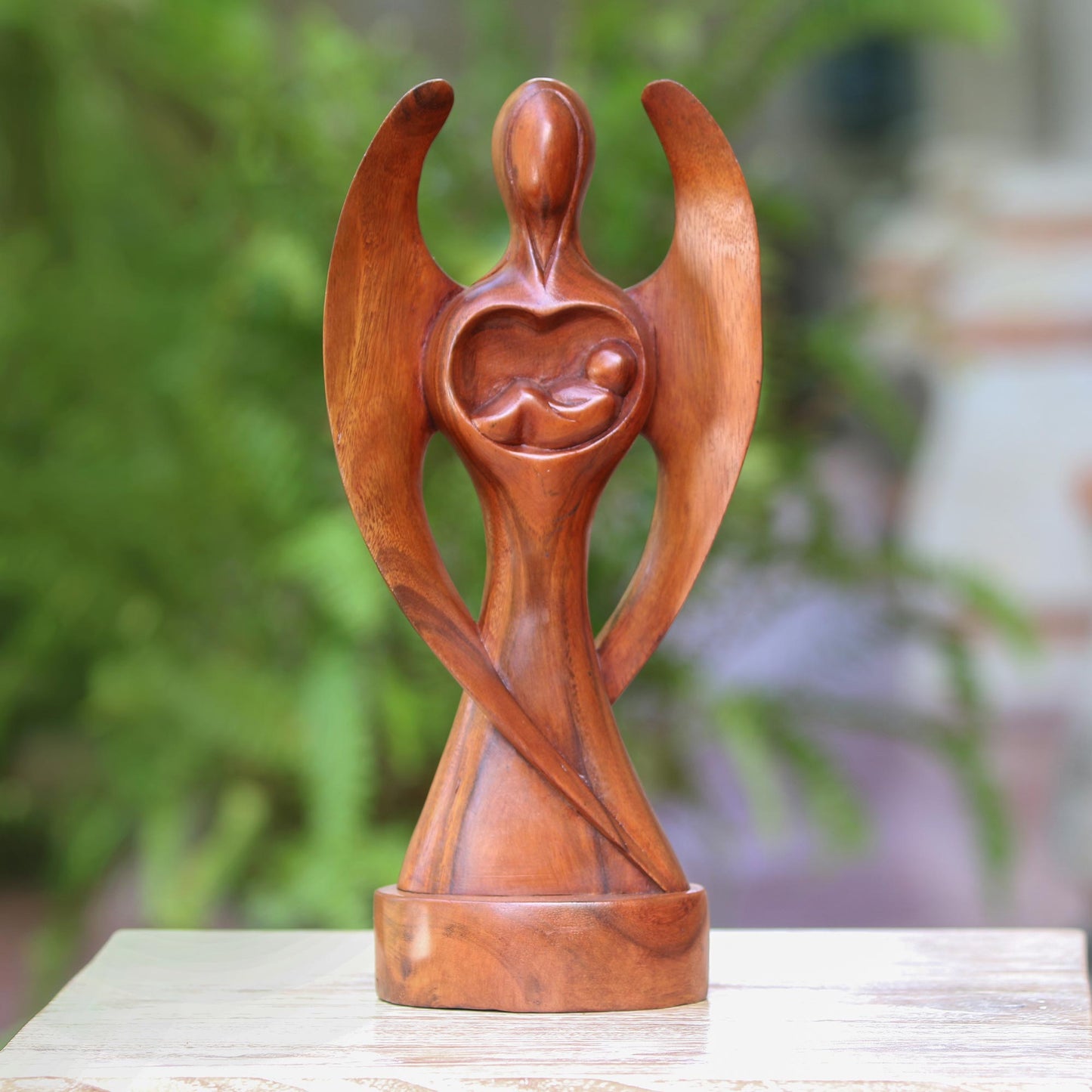 Baby Guardian Hand-Carved Suar Wood Baby Guardian Angel Sculpture