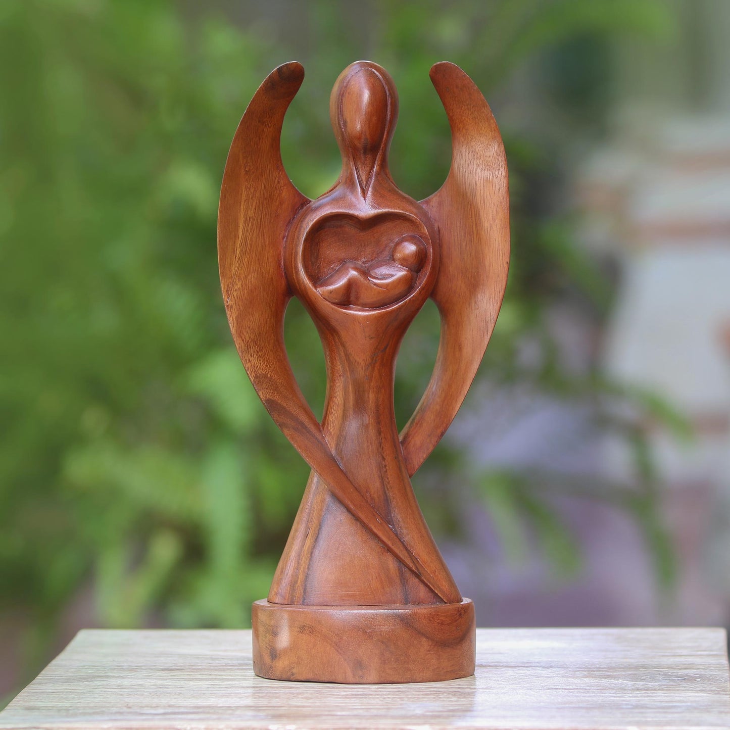 Baby Guardian Hand-Carved Suar Wood Baby Guardian Angel Sculpture