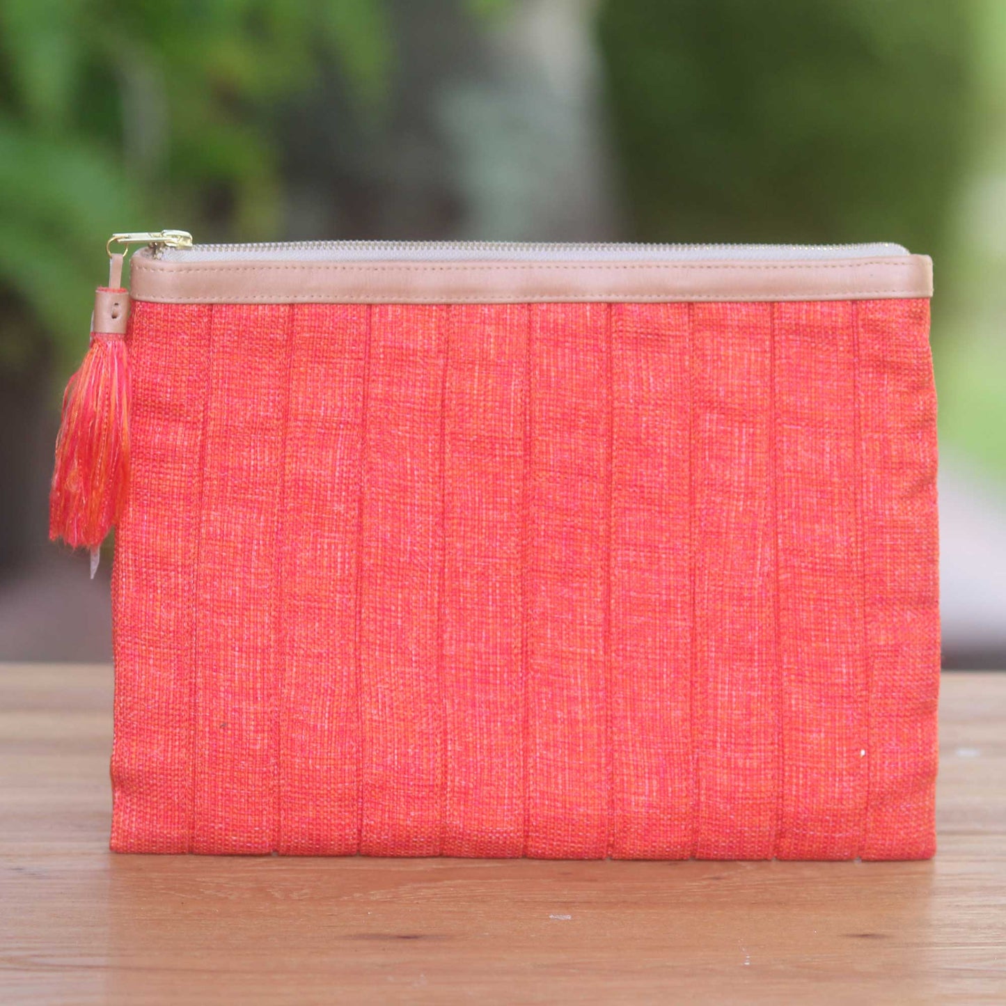 Tangerine Evening Leather Trim Tangerine Cotton Clutch Crafted in Java