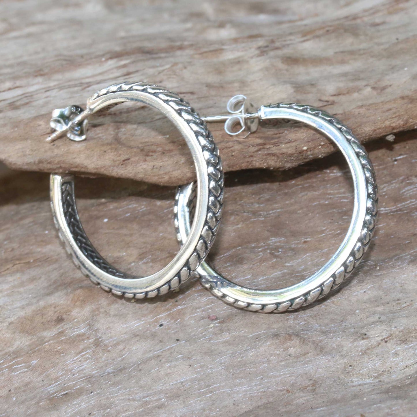 Textured Hoops Braid Motif Sterling Silver Half-Hoop Earrings from Bali