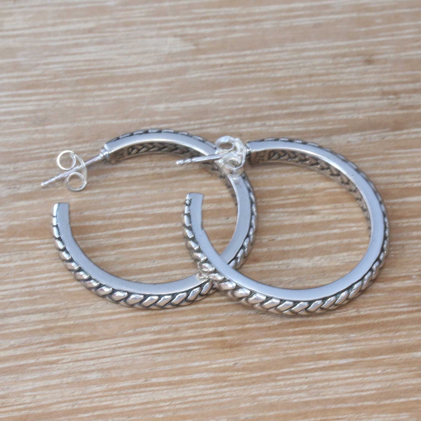 Textured Hoops Braid Motif Sterling Silver Half-Hoop Earrings from Bali