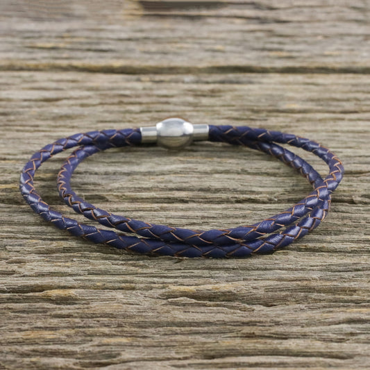 Blue Charm Leather Wrap Bracelet in Blue (15 in.) from Thailand