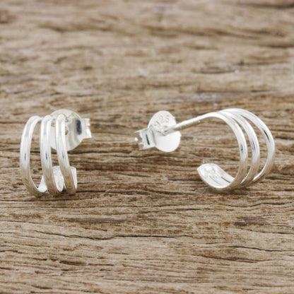 Stripes of Light High-Polish Sterling Silver Half-Hoop Earrings from Thailand