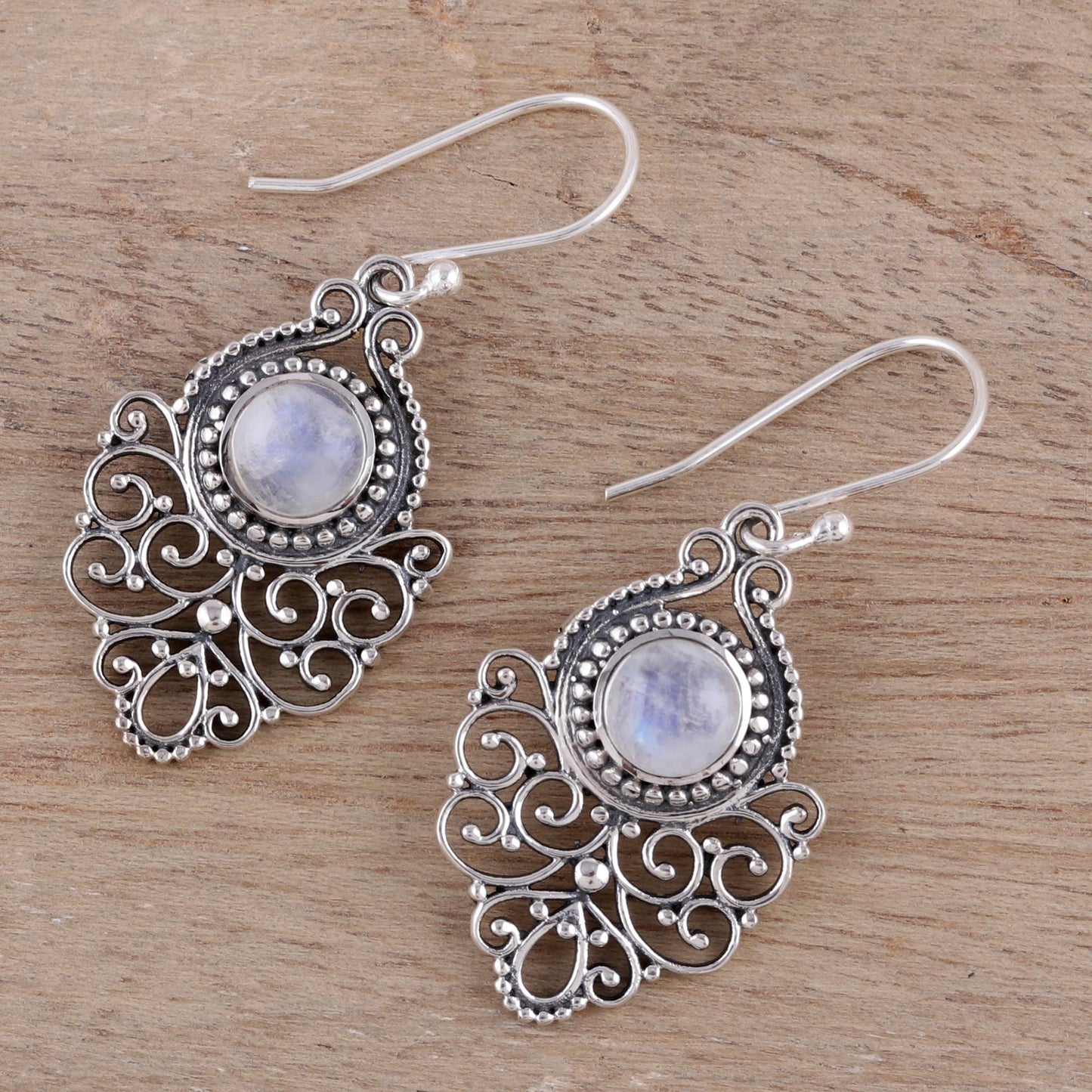 Everlasting Joy Sterling Silver Rainbow Moonstone Openwork Dangle Earrings