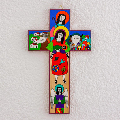 Birth of Jesus Hand-Painted Nativity Pinewood Wall Cross from El Salvador