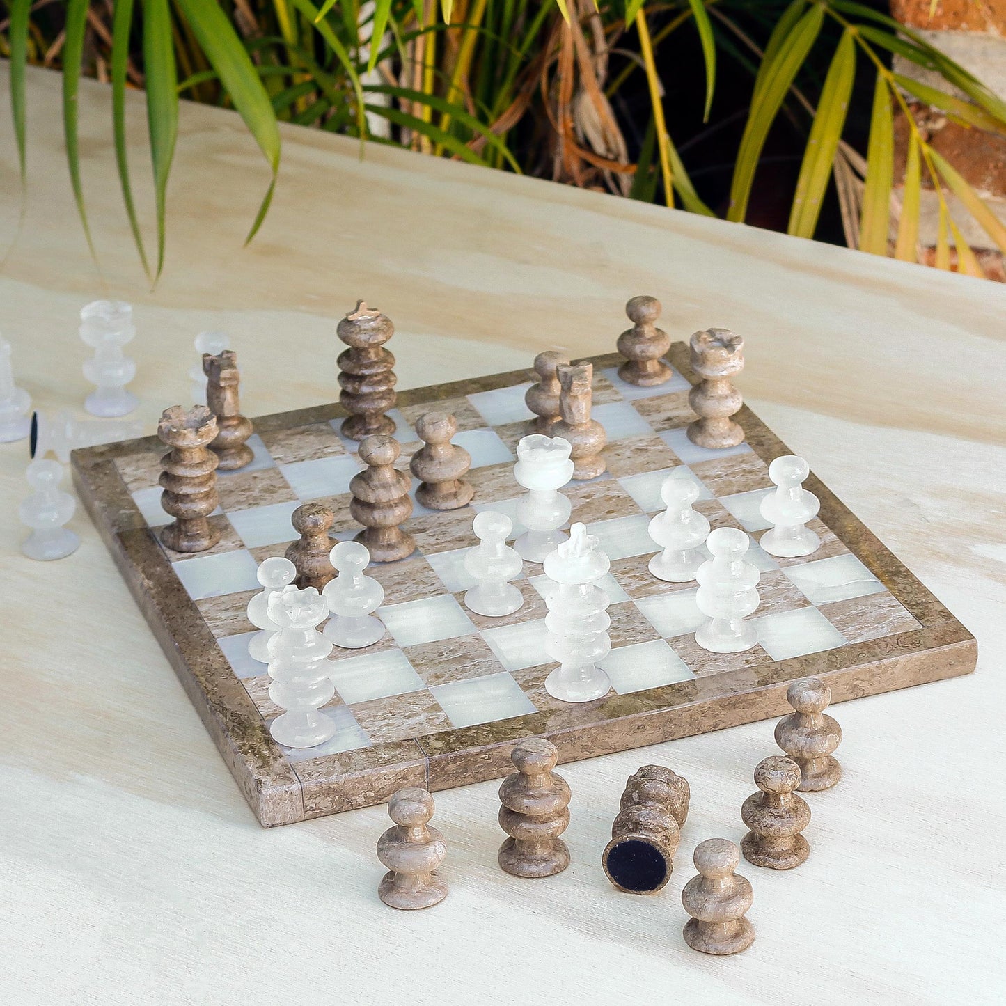 Brown and Ivory Onyx and Marble Chess Set Crafted in Mexico