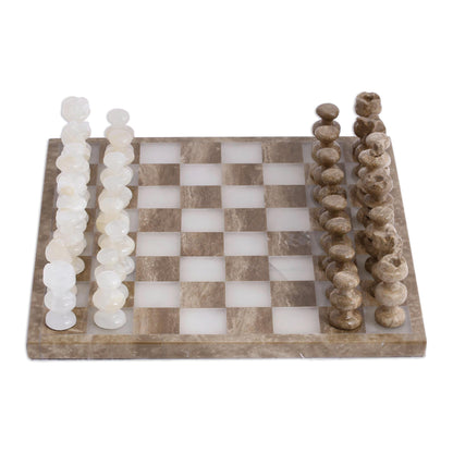 Brown and Ivory Onyx and Marble Chess Set Crafted in Mexico