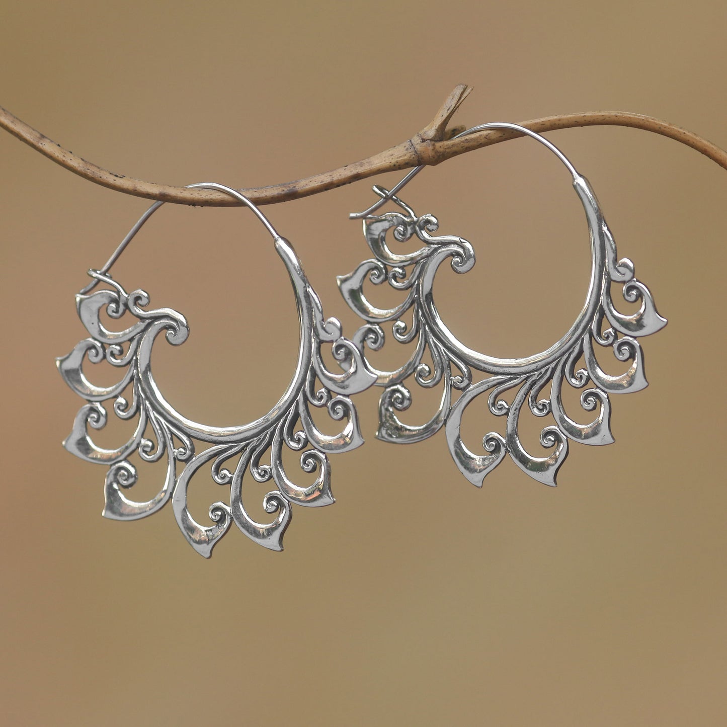 Curling Tendrils Curling Sterling Silver Hoop Earrings from Bali