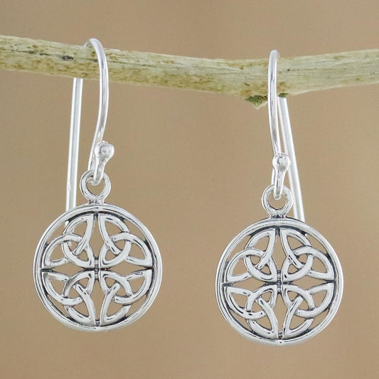 Interconnected in Silver Handcrafted Sterling Silver Labyrinth Circle Dangle Earrings