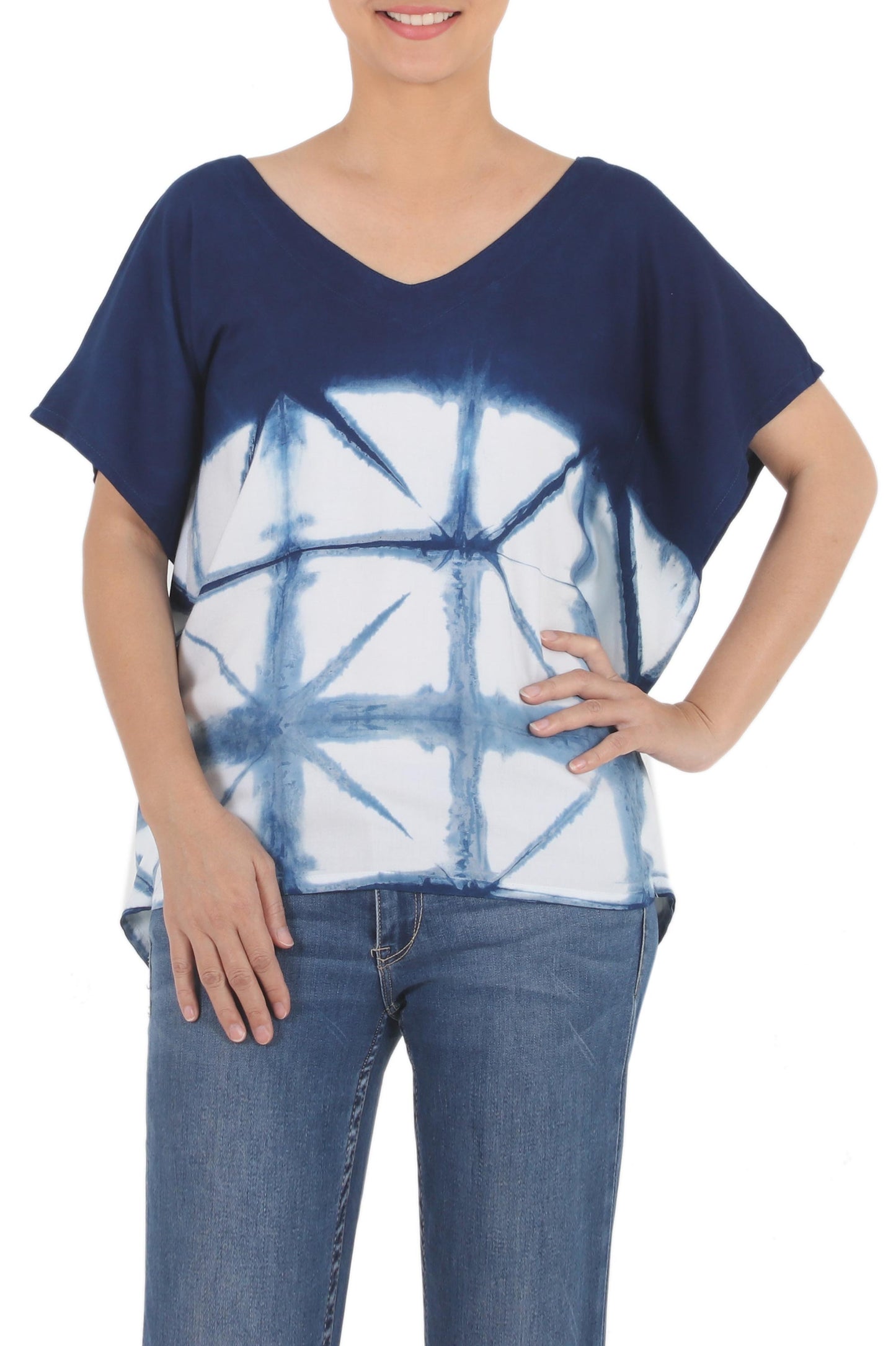 Sunlit Window Indigo White Geometric Tie-Dye Short Sleeve Cotton Blouse