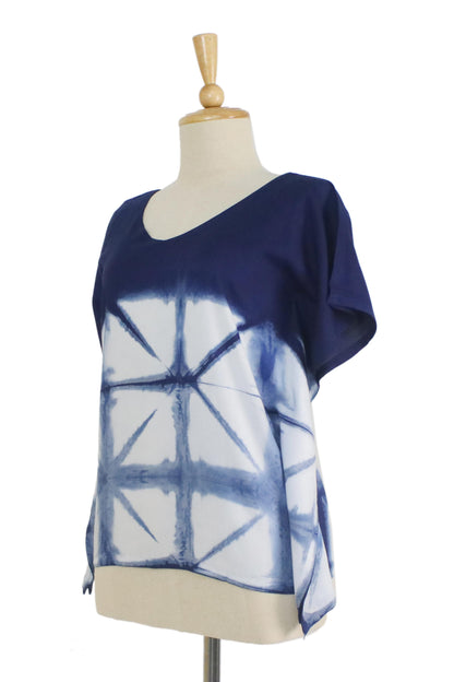 Sunlit Window Indigo White Geometric Tie-Dye Short Sleeve Cotton Blouse