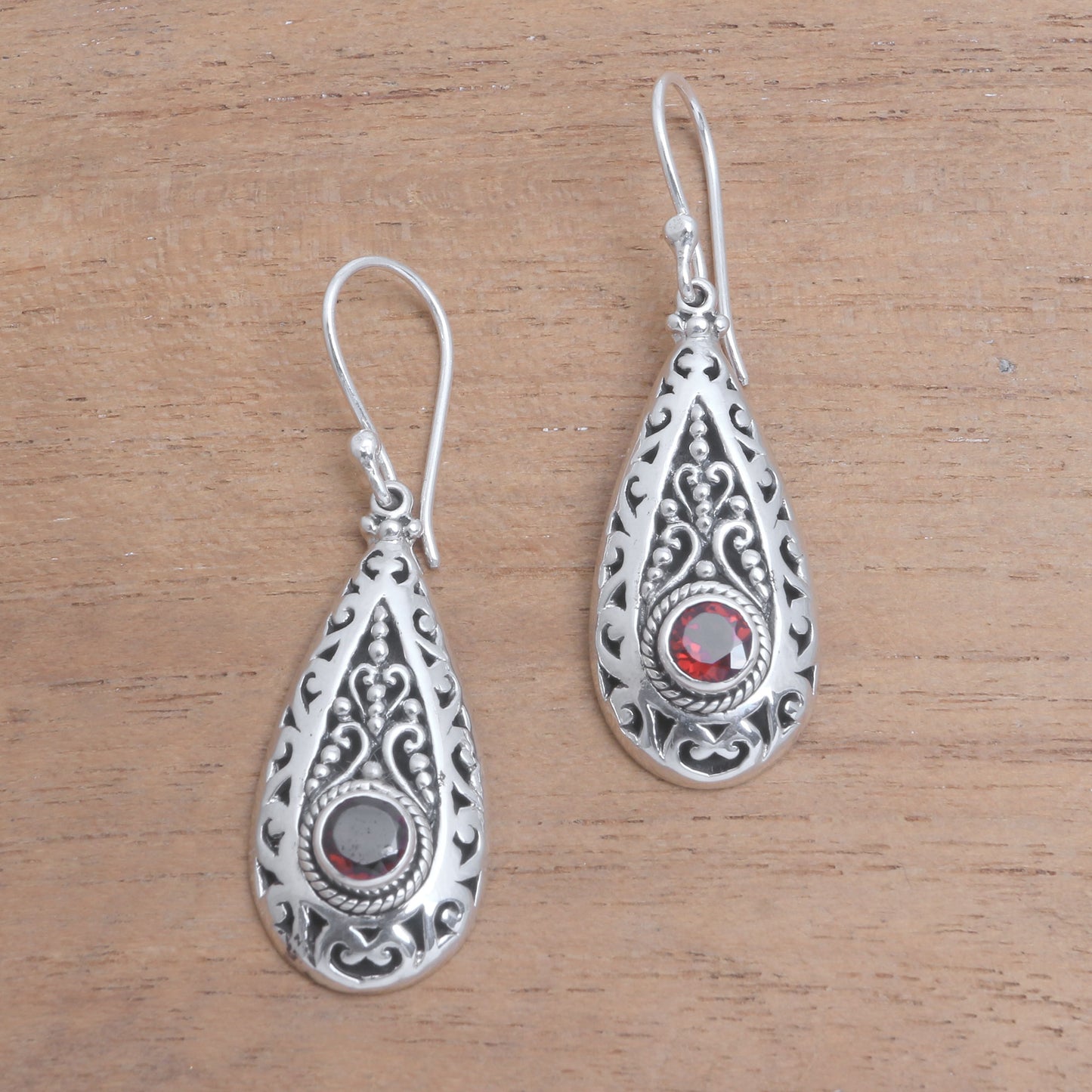 Ornamental Fire Garnet and Sterling Silver Teardrop Dangle Earrings