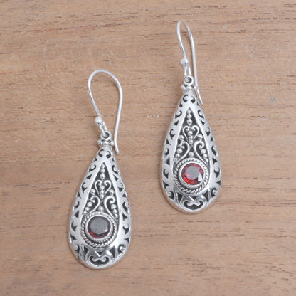 Ornamental Fire Garnet and Sterling Silver Teardrop Dangle Earrings